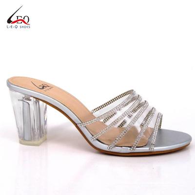 Lady Shoes Heel Slippers  TPU transparent Middle Heel Shoes With Diamonds